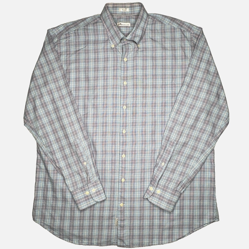 Peter Millar Shirt Mens Extra Large Blue Plaid Button Down Long Sleeve Casual